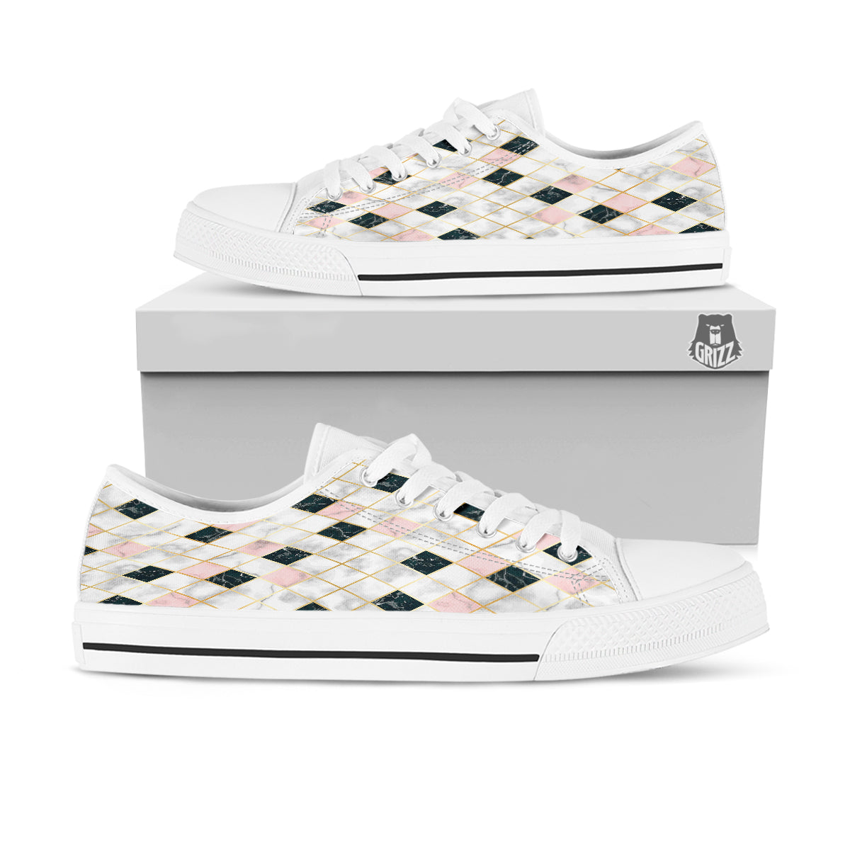 Marble Luxury Geometric Print White Low Top Shoes-grizzshop