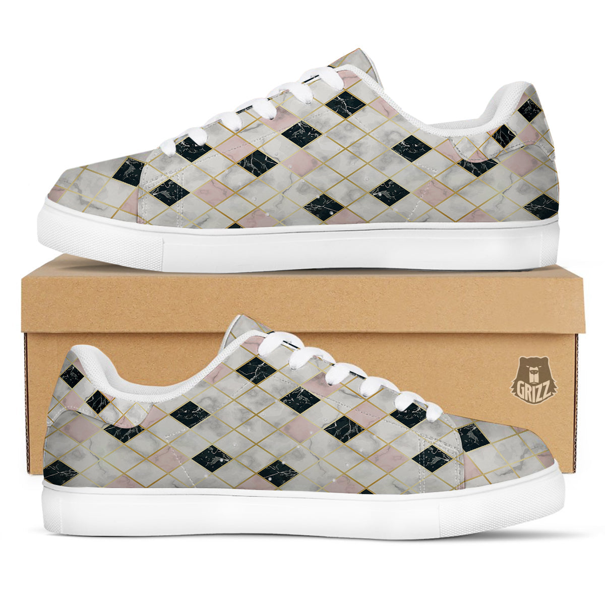 Marble Luxury Geometric Print White Low Top Sneakers-grizzshop