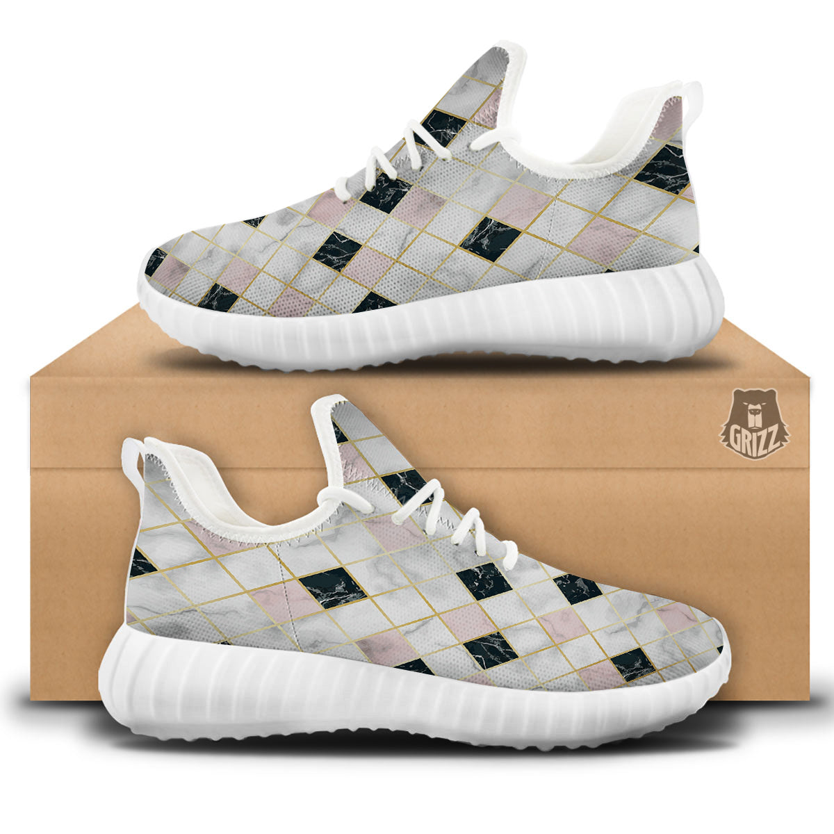 Marble Luxury Geometric Print White Walking Shoes-grizzshop