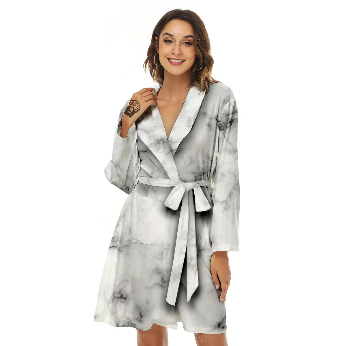 Marble Natural Black White Print Women's Robe-grizzshop