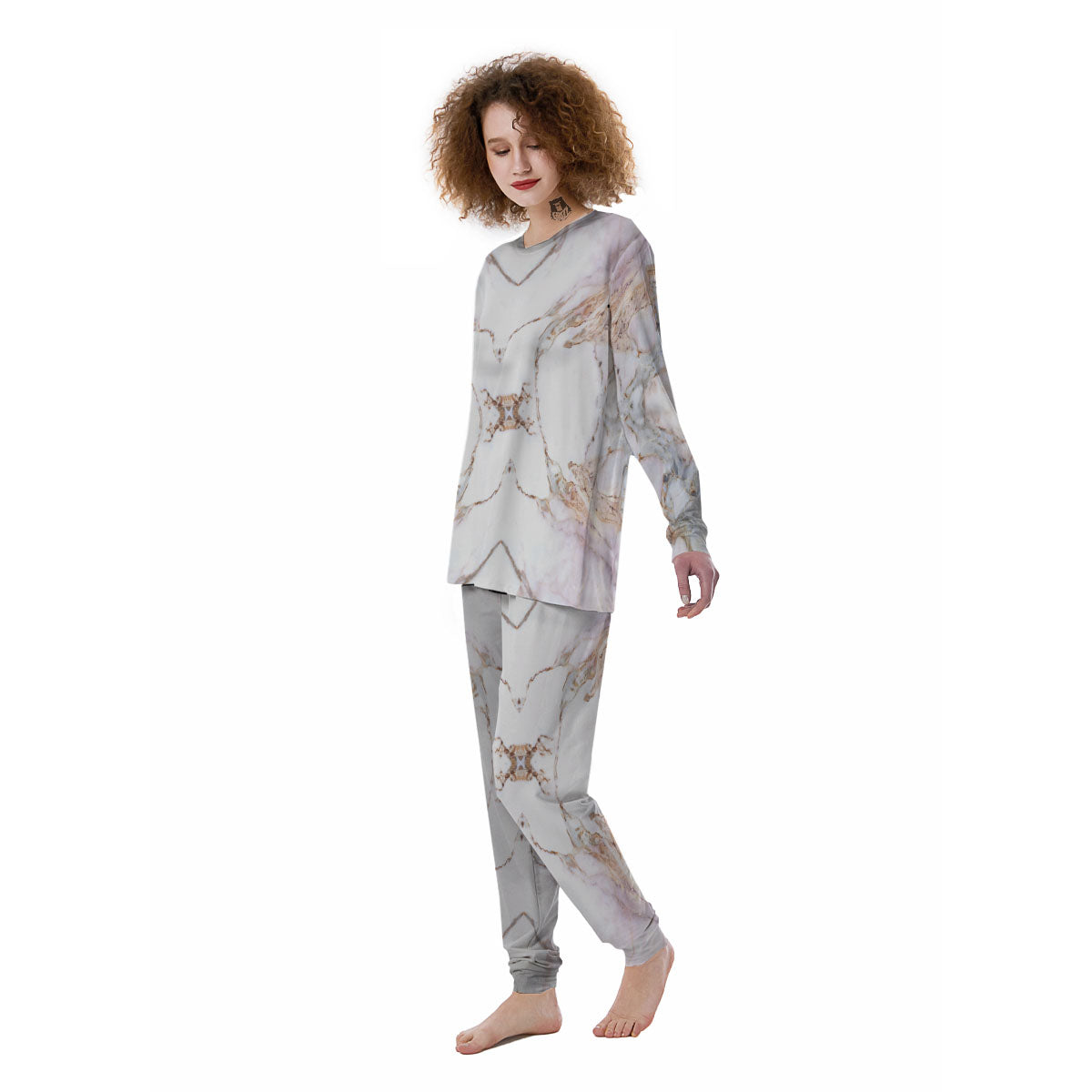 Marble Pink Grey White Print Pattern Women's Pajamas-grizzshop