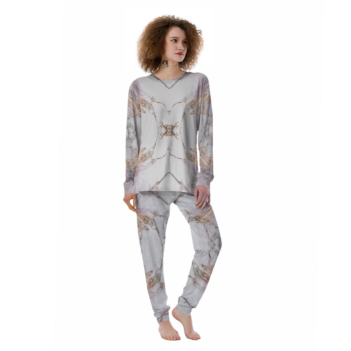 Marble Pink Grey White Print Pattern Women's Pajamas-grizzshop