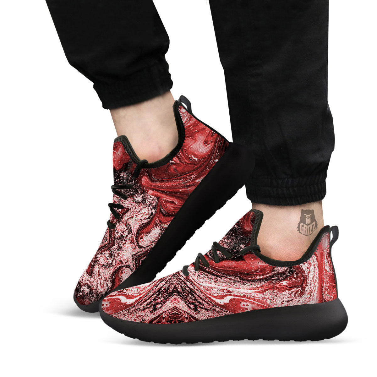 Marble Red Print Pattern Black Athletic Shoes-grizzshop