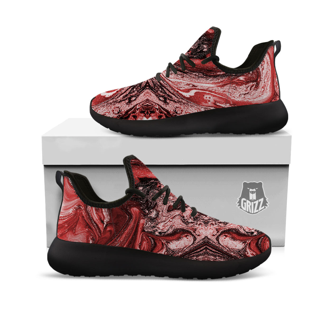 Marble Red Print Pattern Black Athletic Shoes-grizzshop