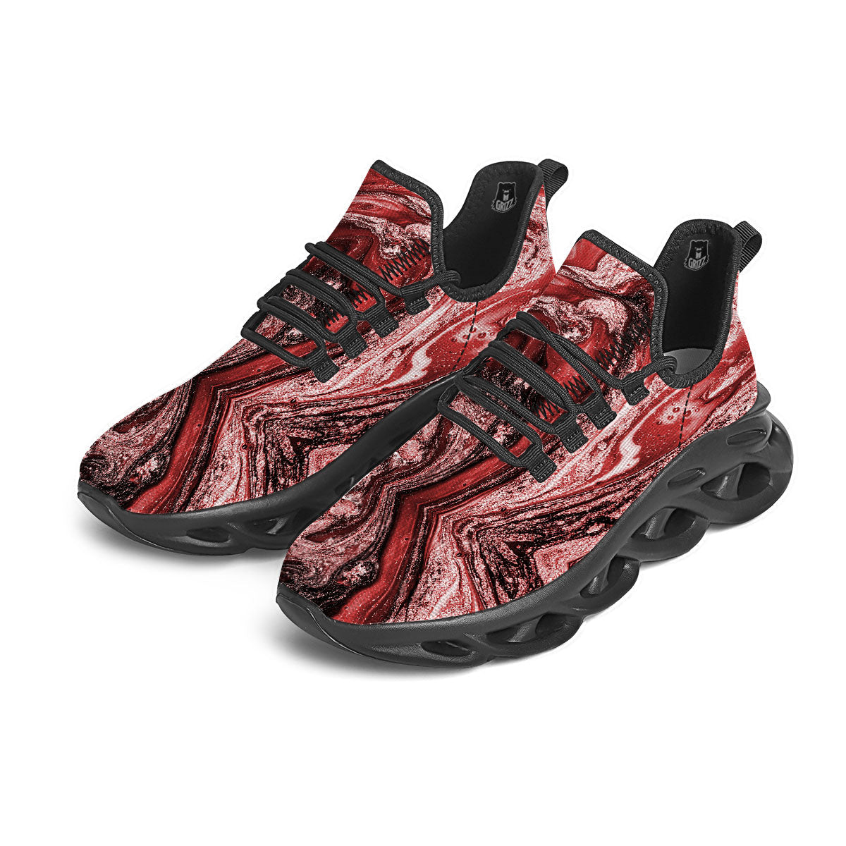 Marble Red Print Pattern Black Running Shoes-grizzshop