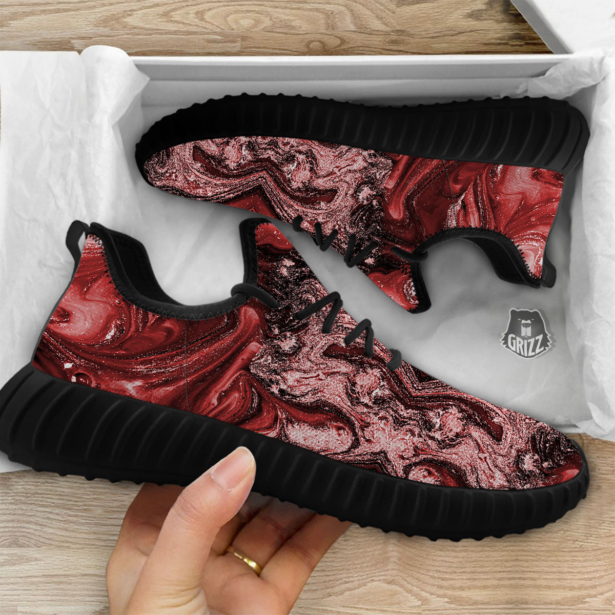 Marble Red Print Pattern Black Walking Shoes-grizzshop