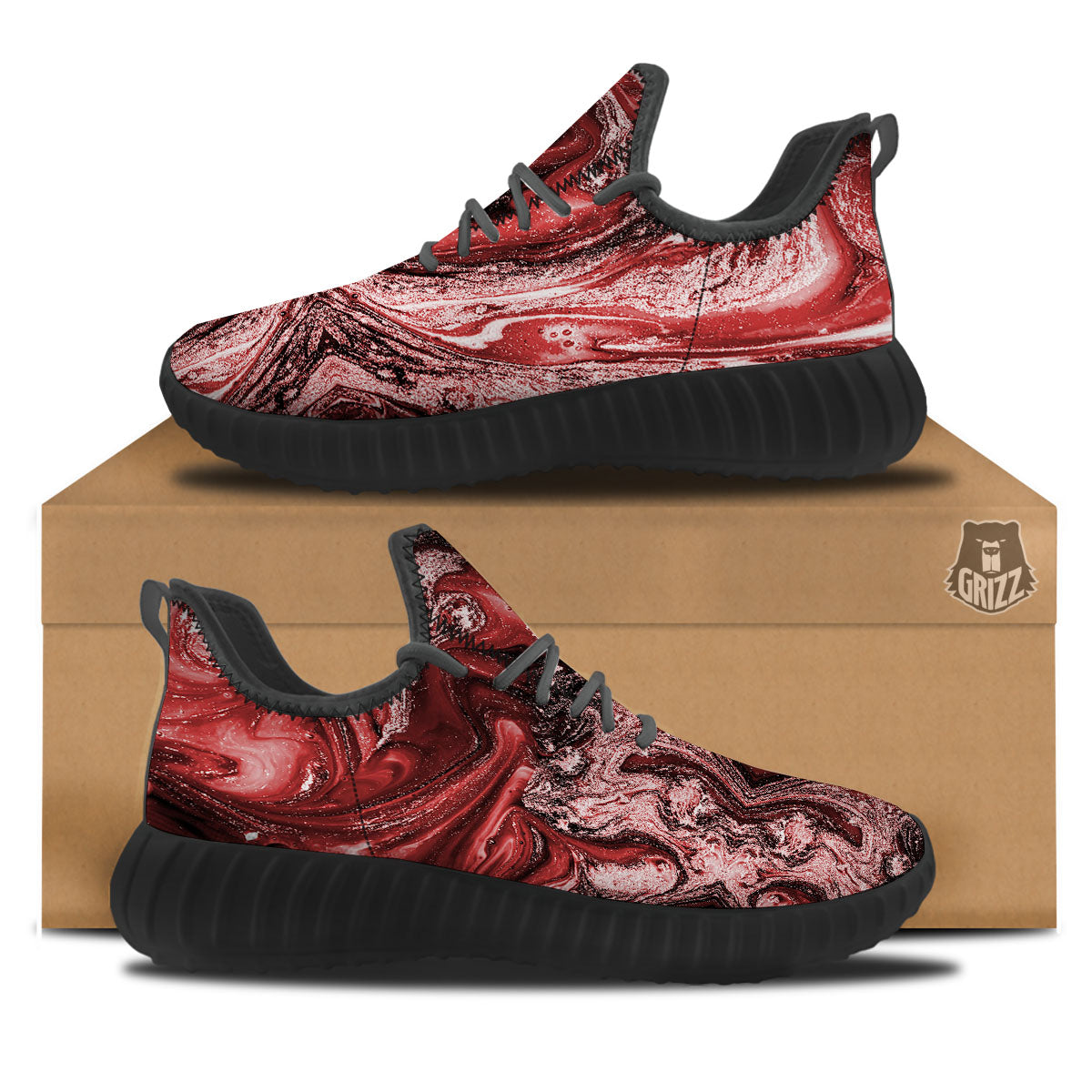 Marble Red Print Pattern Black Walking Shoes-grizzshop