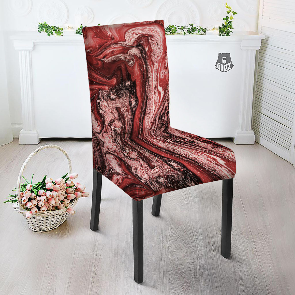 Marble Red Print Pattern Dining Chair Slipcover-grizzshop
