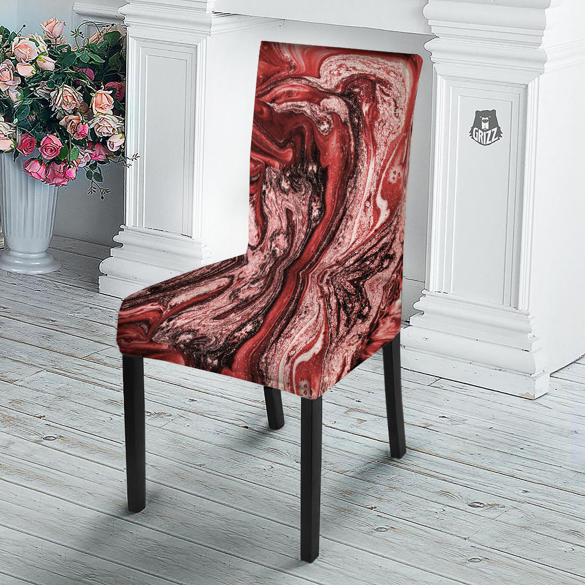 Marble Red Print Pattern Dining Chair Slipcover-grizzshop