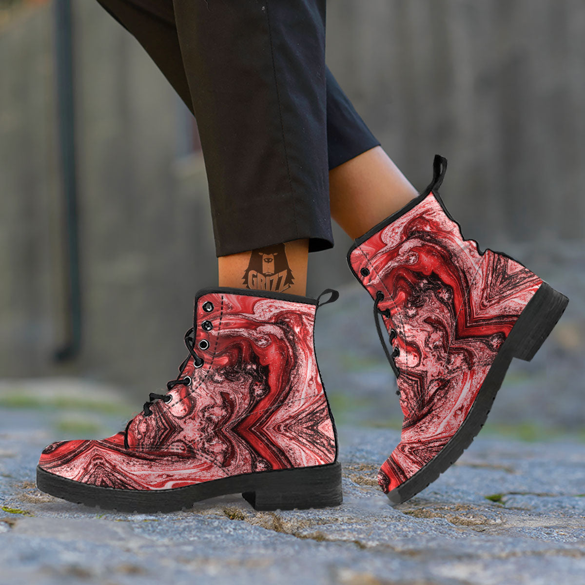 Marble Red Print Pattern Leather Boots-grizzshop