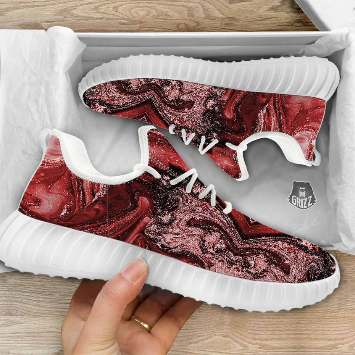 Marble Red Print Pattern White Walking Shoes-grizzshop