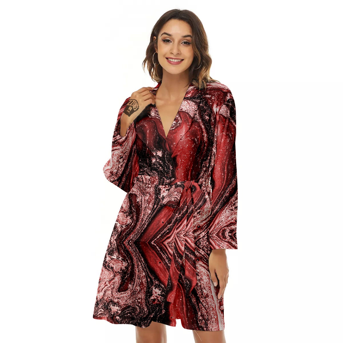 Marble Red Print Pattern Women's Robe-grizzshop