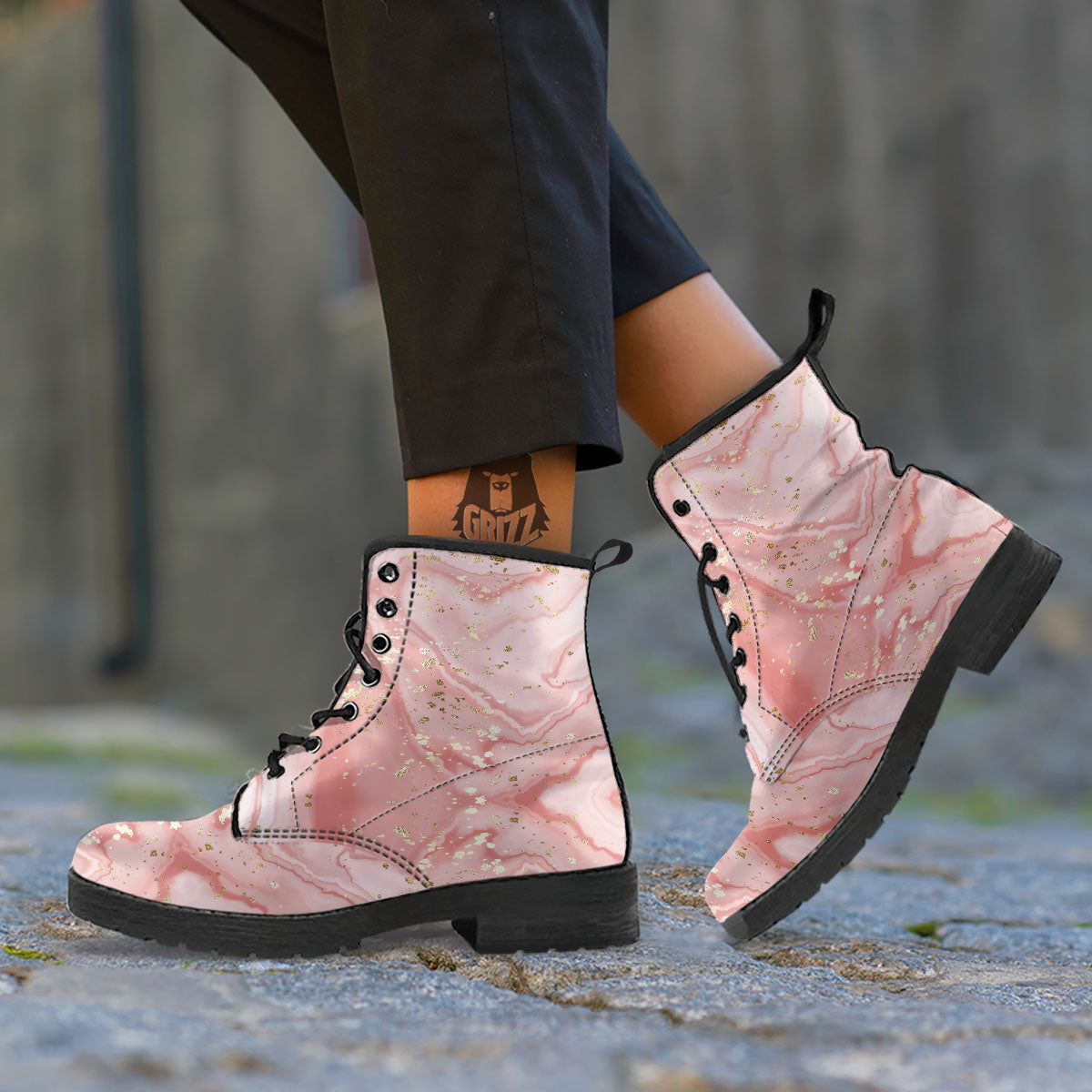 Marble Rose Pink Print Pattern Leather Boots-grizzshop