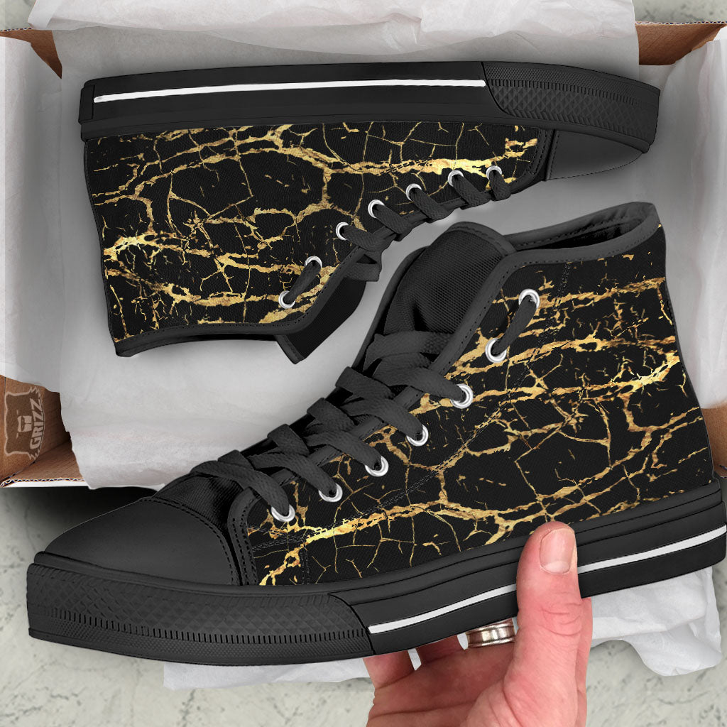 Marble Scratch Black Gold Print Marble Black High Top Shoes-grizzshop
