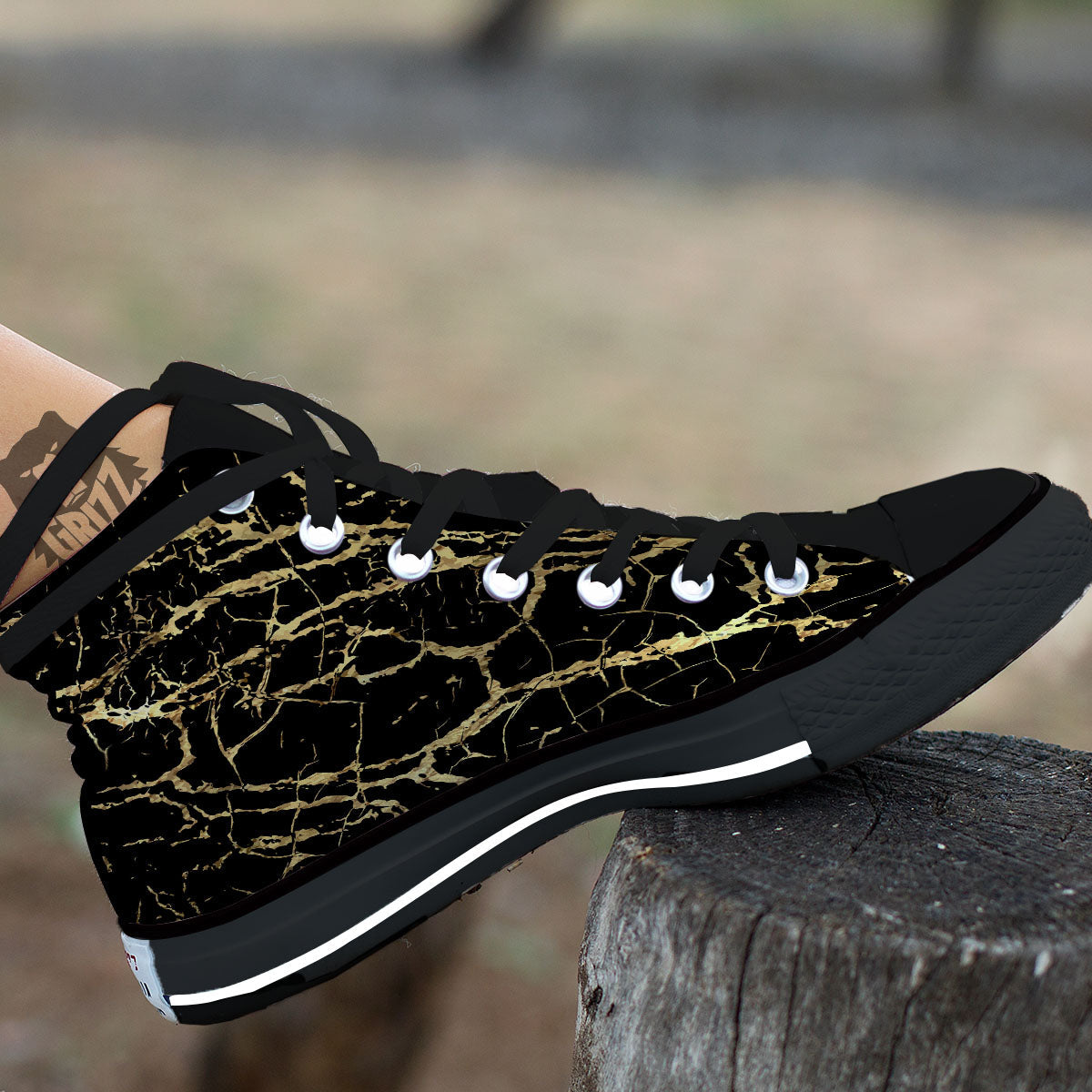 Marble Scratch Black Gold Print Marble Black High Top Shoes-grizzshop