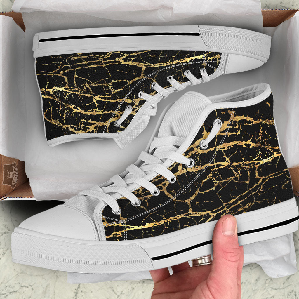 Marble Scratch Black Gold Print Marble White High Top Shoes-grizzshop