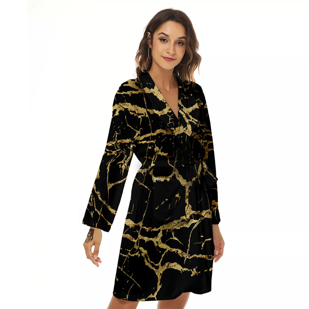 Marble Scratch Black Gold Print Marble Women's Robe-grizzshop