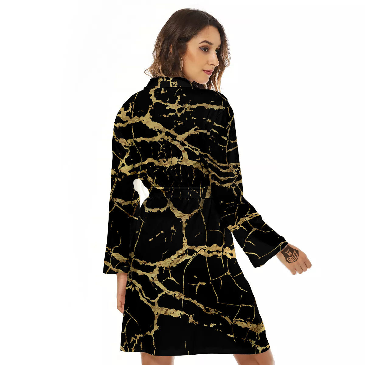 Marble Scratch Black Gold Print Marble Women's Robe-grizzshop