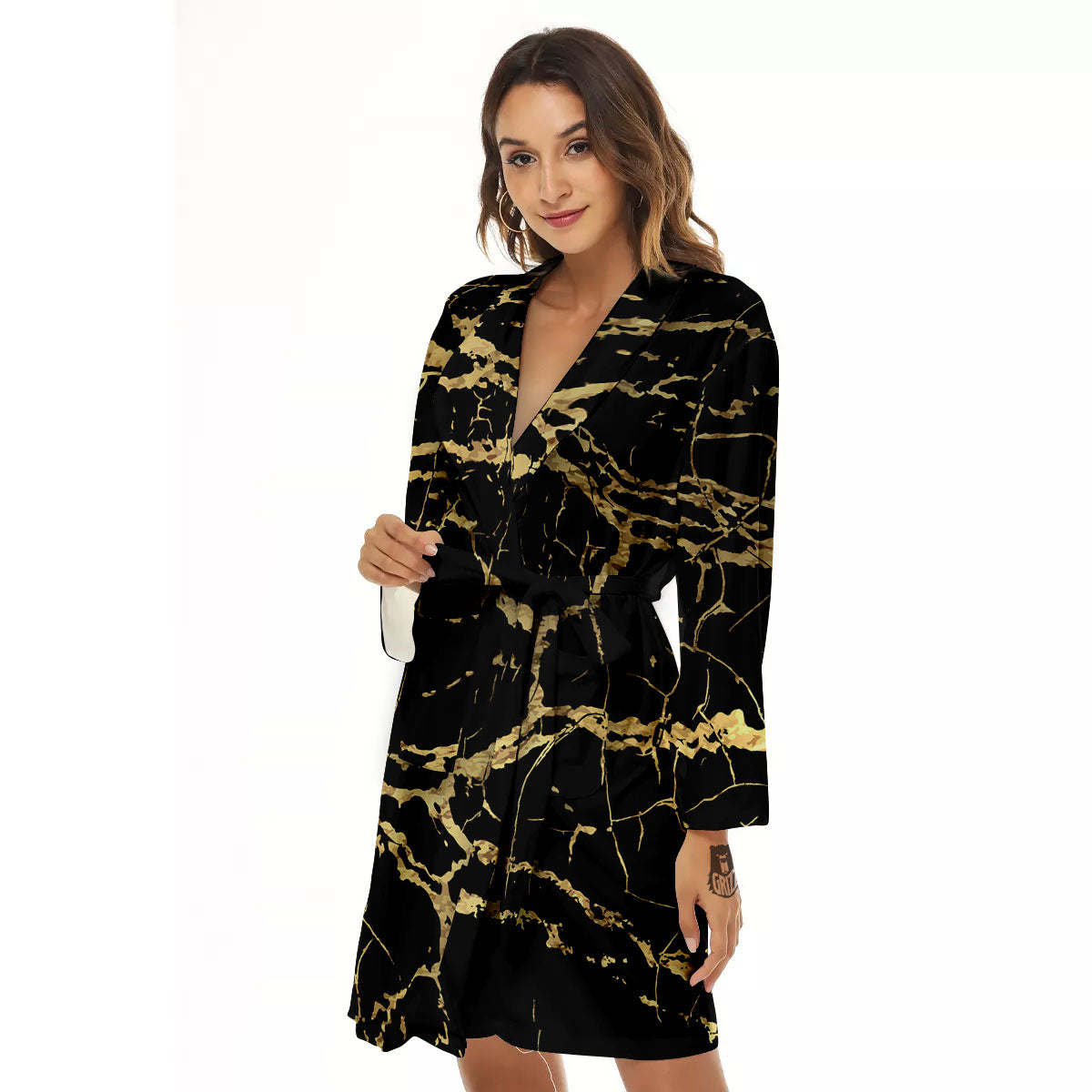 Marble Scratch Black Gold Print Marble Women's Robe-grizzshop