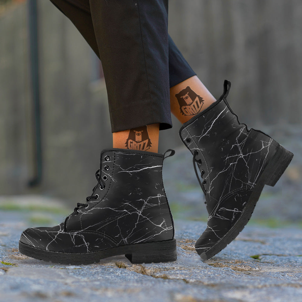 Marble Scratch Black White Print Leather Boots-grizzshop