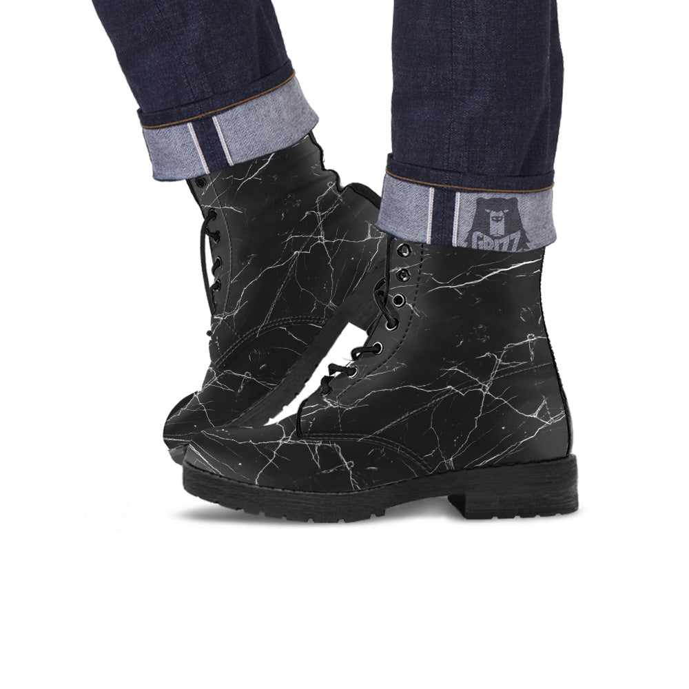 Marble Scratch Black White Print Leather Boots-grizzshop