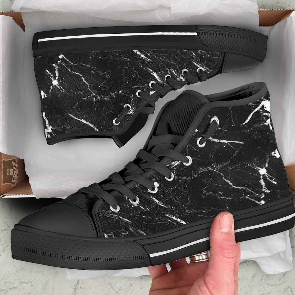 Marble White Dark Grey Print Black High Top Shoes-grizzshop