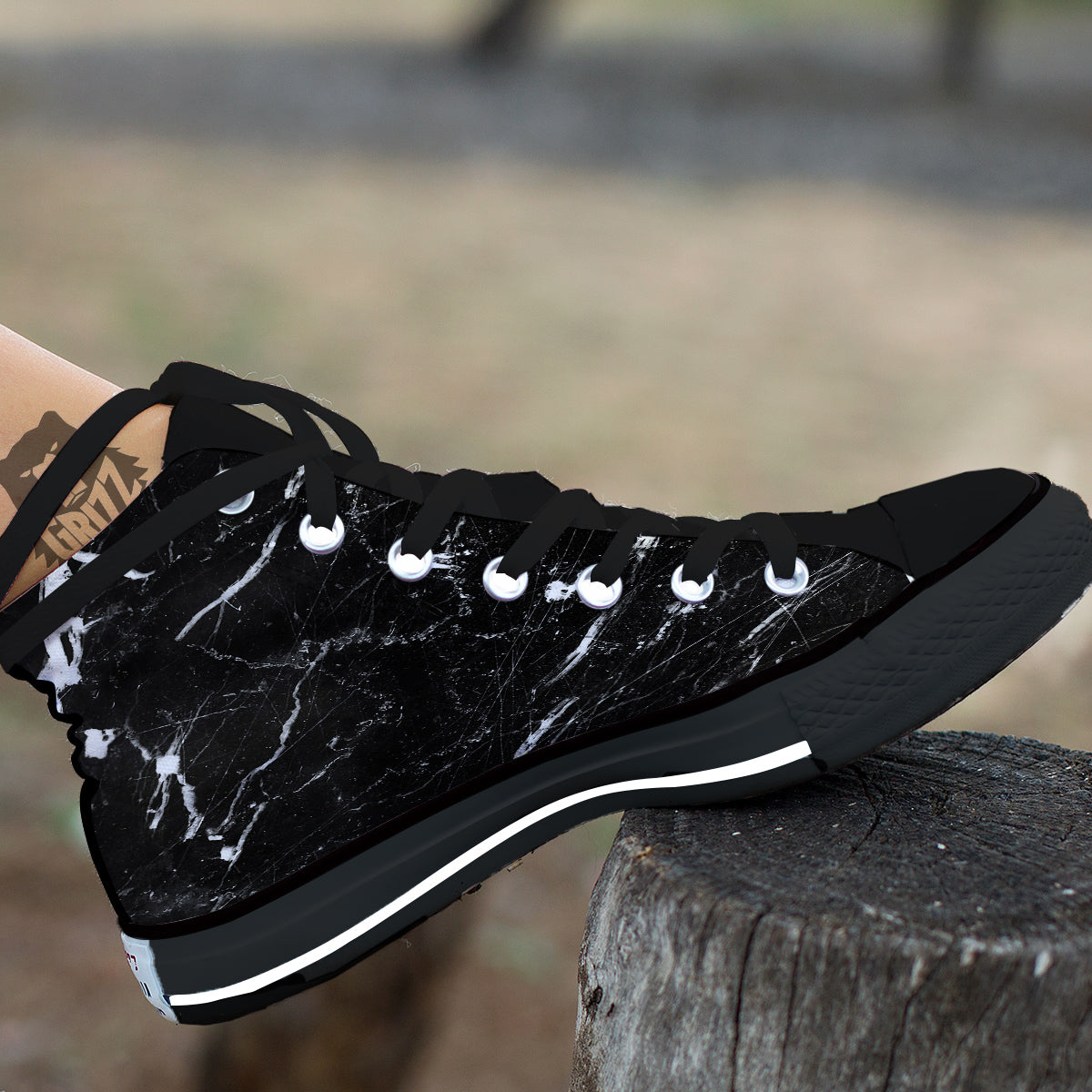 Marble White Dark Grey Print Black High Top Shoes-grizzshop