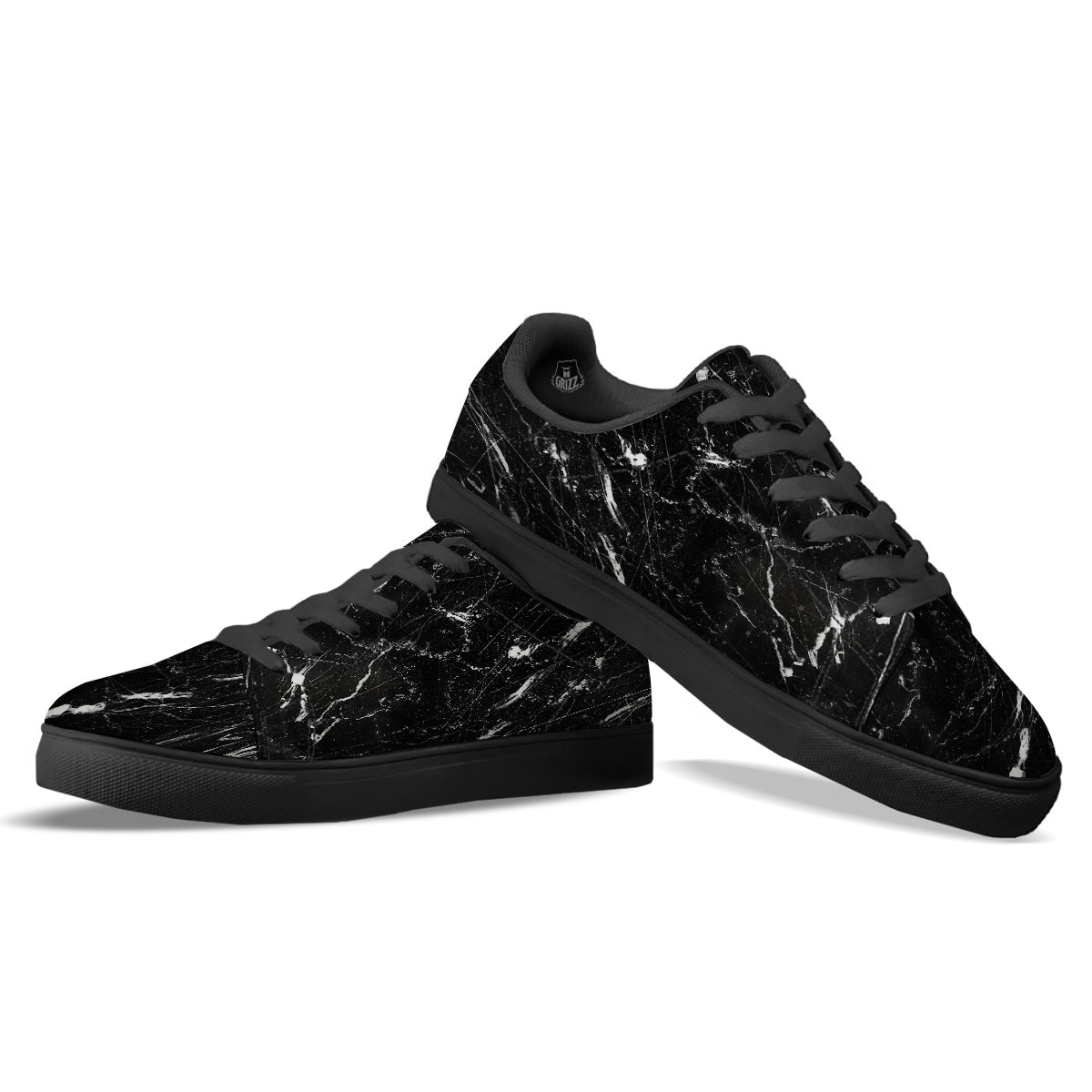 Marble White Dark Grey Print Black Low Top Sneakers-grizzshop