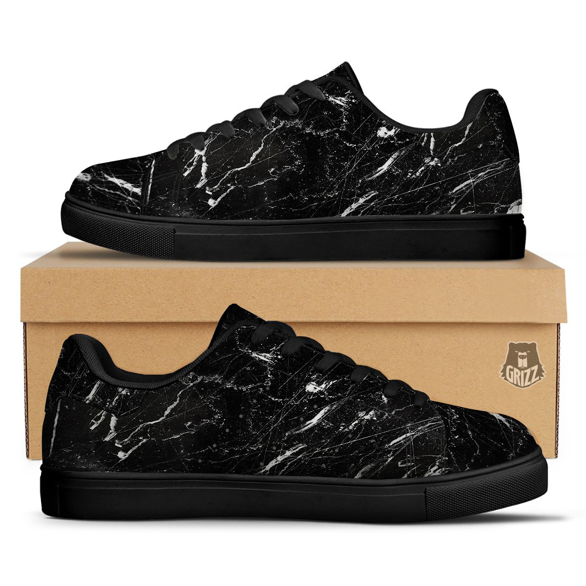 Marble White Dark Grey Print Black Low Top Sneakers-grizzshop