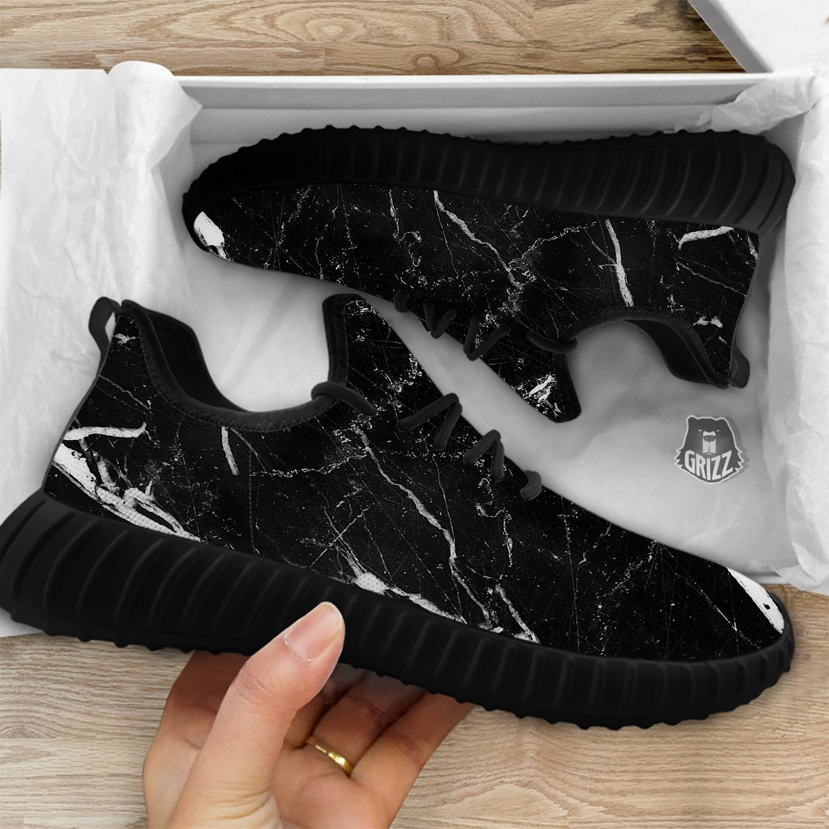 Marble White Dark Grey Print Black Walking Shoes-grizzshop