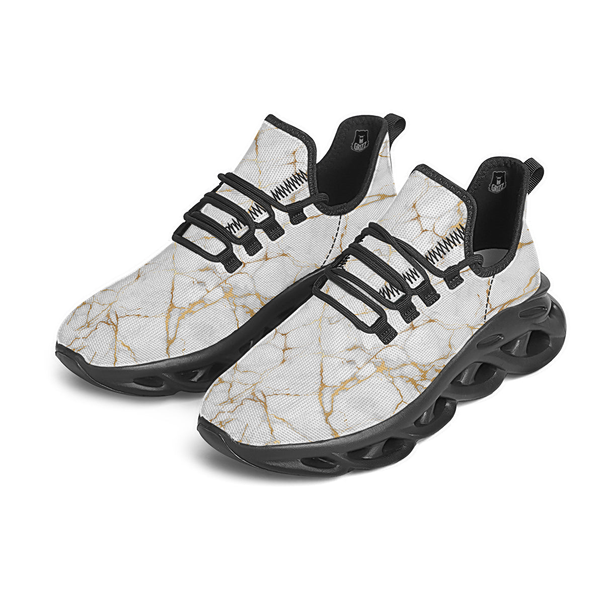 Marble White Gold Print Pattern Black Running Shoes-grizzshop