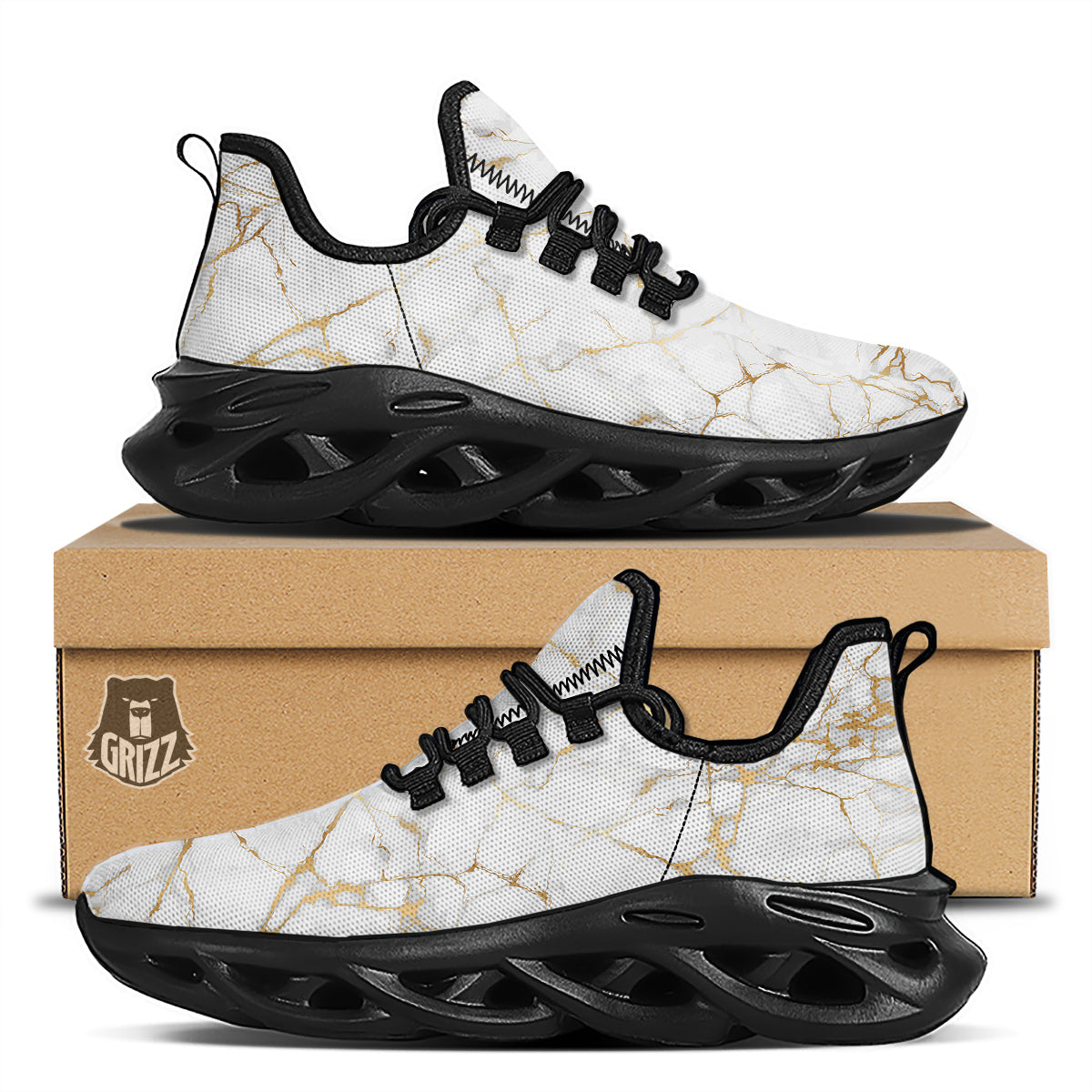 Marble White Gold Print Pattern Black Running Shoes-grizzshop