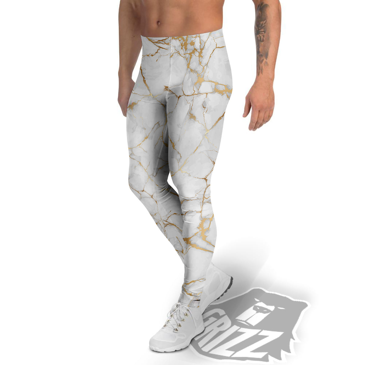 Marble White Gold Print Pattern Men's Leggings-grizzshop