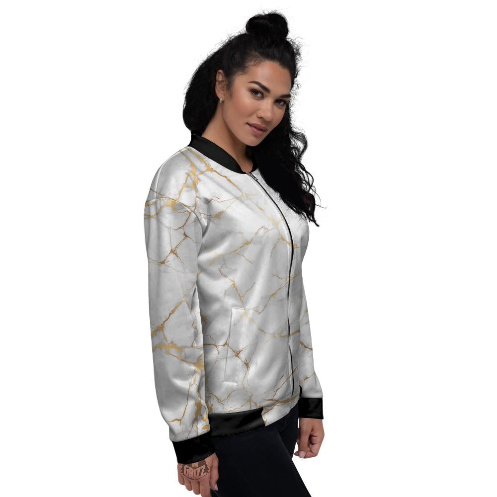 Marble White Gold Print Pattern Women's Bomber Jacket-grizzshop