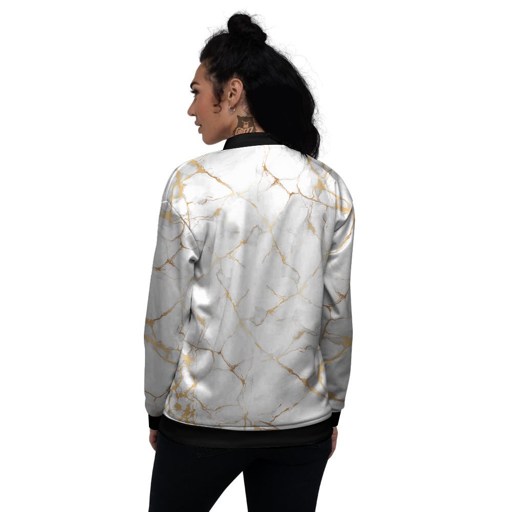 Marble White Gold Print Pattern Women's Bomber Jacket-grizzshop