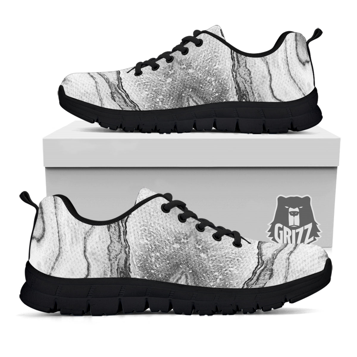 Marble White Gray Print Pattern Black Sneaker-grizzshop