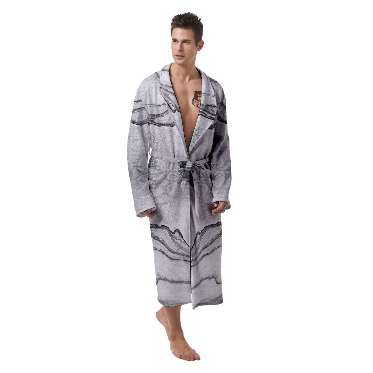 Marble White Gray Print Pattern Men's Robe-grizzshop