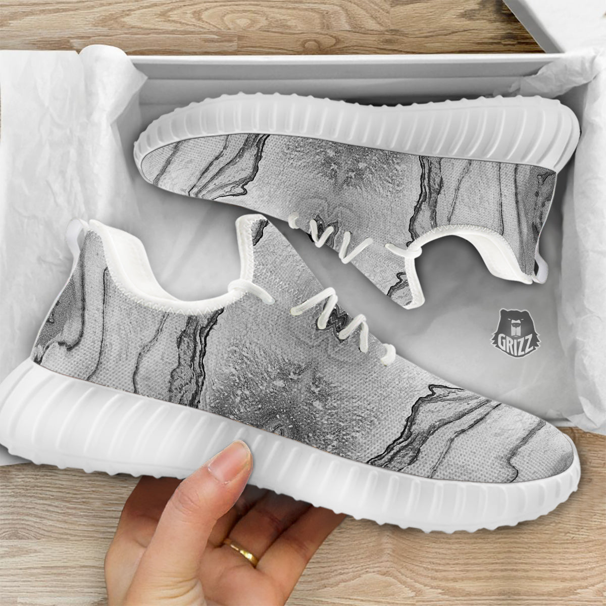 Marble White Gray Print Pattern White Walking Shoes-grizzshop