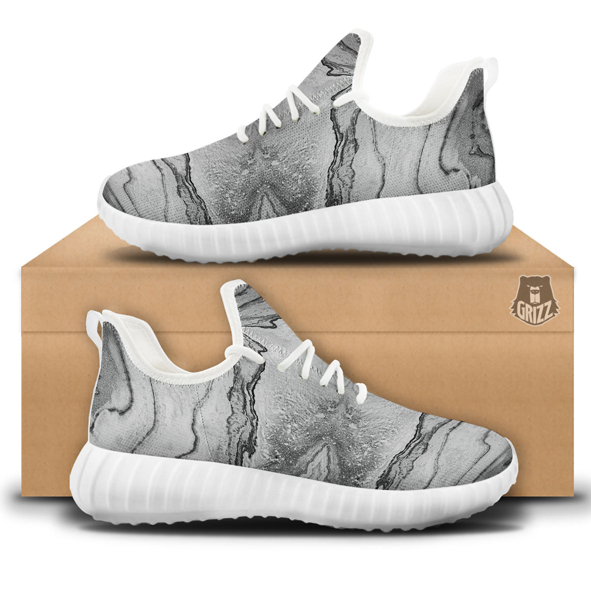Marble White Gray Print Pattern White Walking Shoes-grizzshop