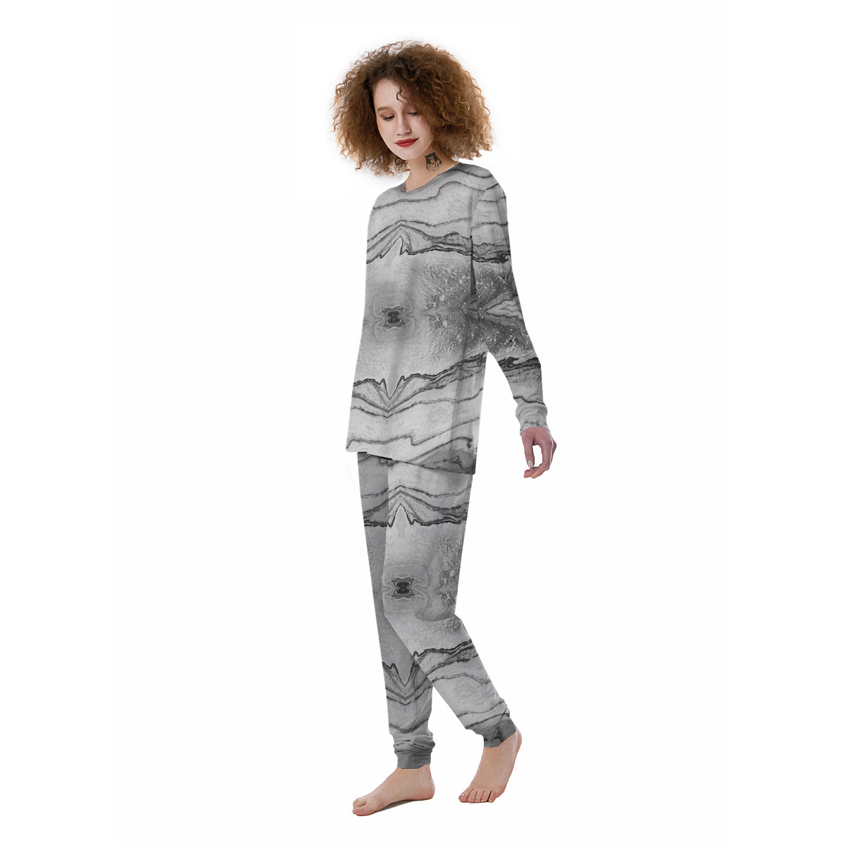 Marble White Gray Print Pattern Women's Pajamas-grizzshop