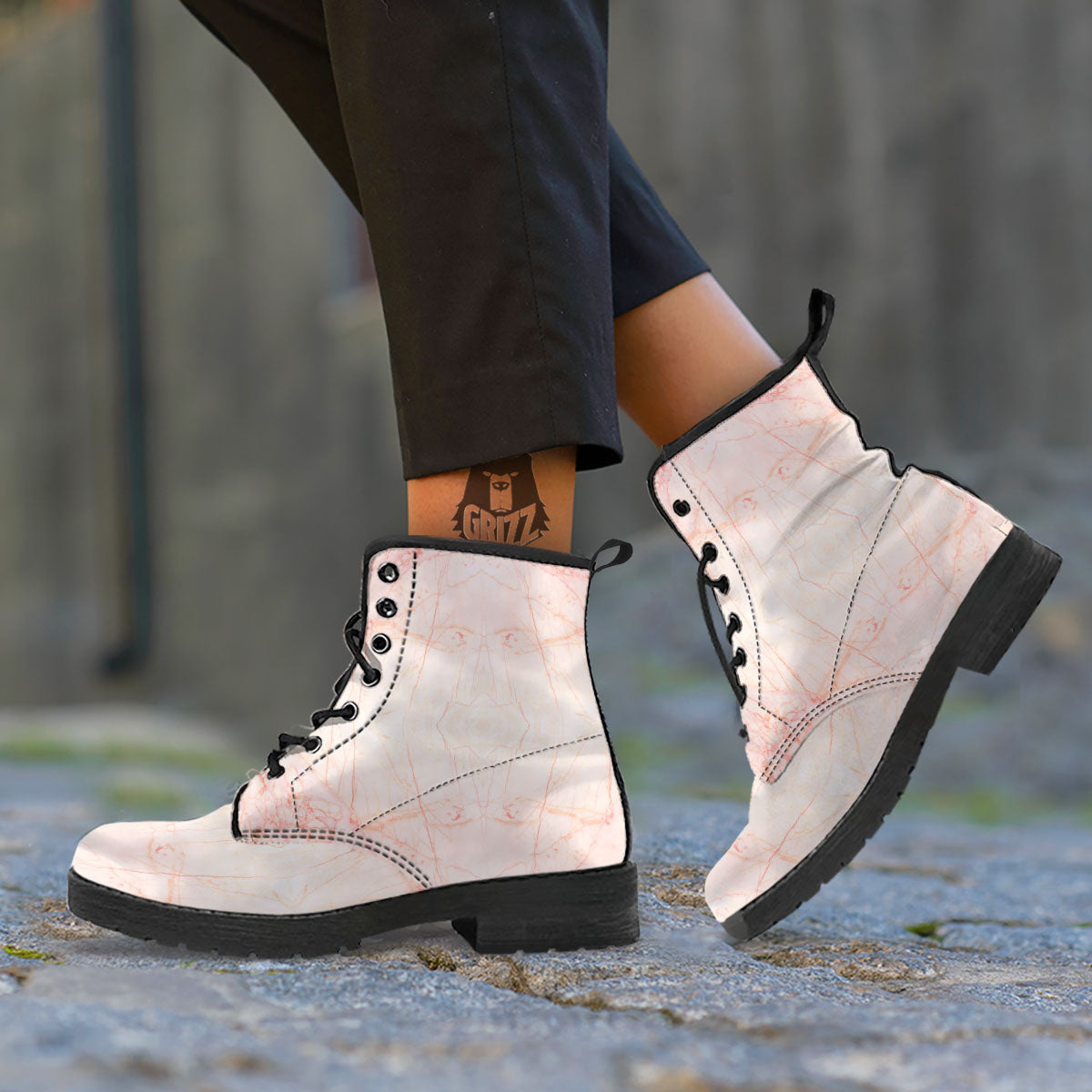Marble White Pink Print Pattern Leather Boots-grizzshop