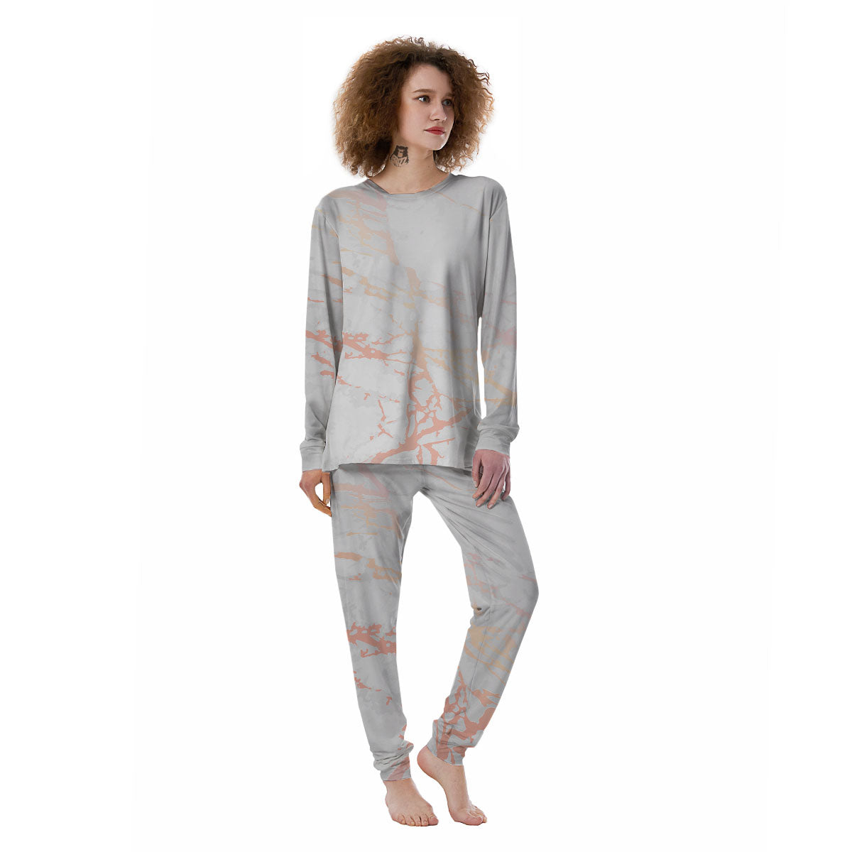 Marble White Rose Gold Print Women's Pajamas-grizzshop