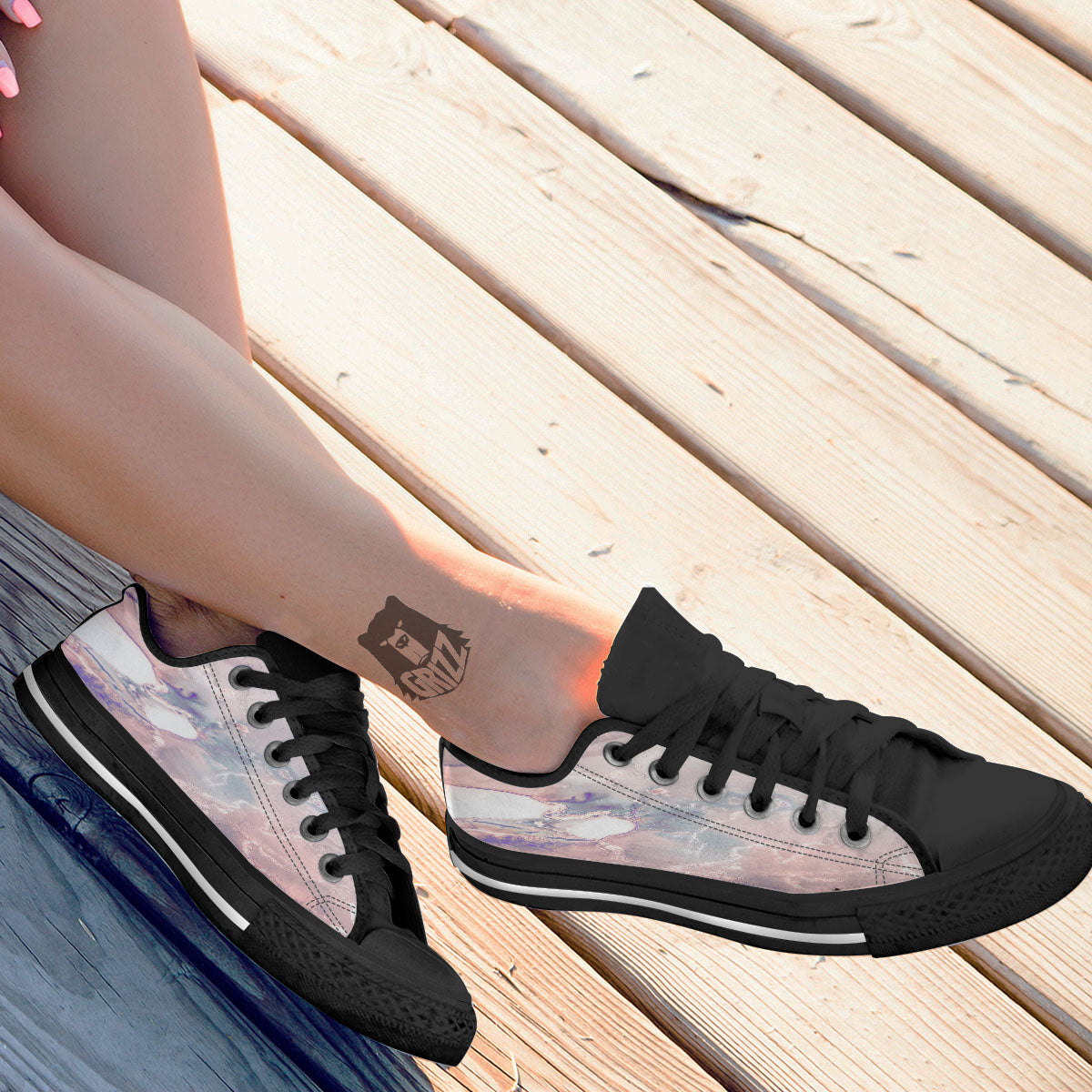 Marble White Ruby Print Black Low Top Shoes-grizzshop