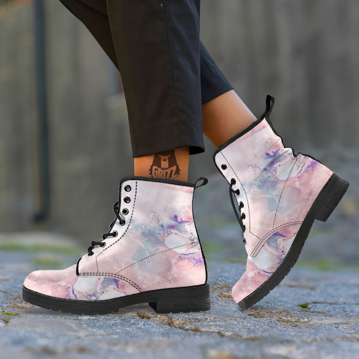 Marble White Ruby Print Leather Boots-grizzshop