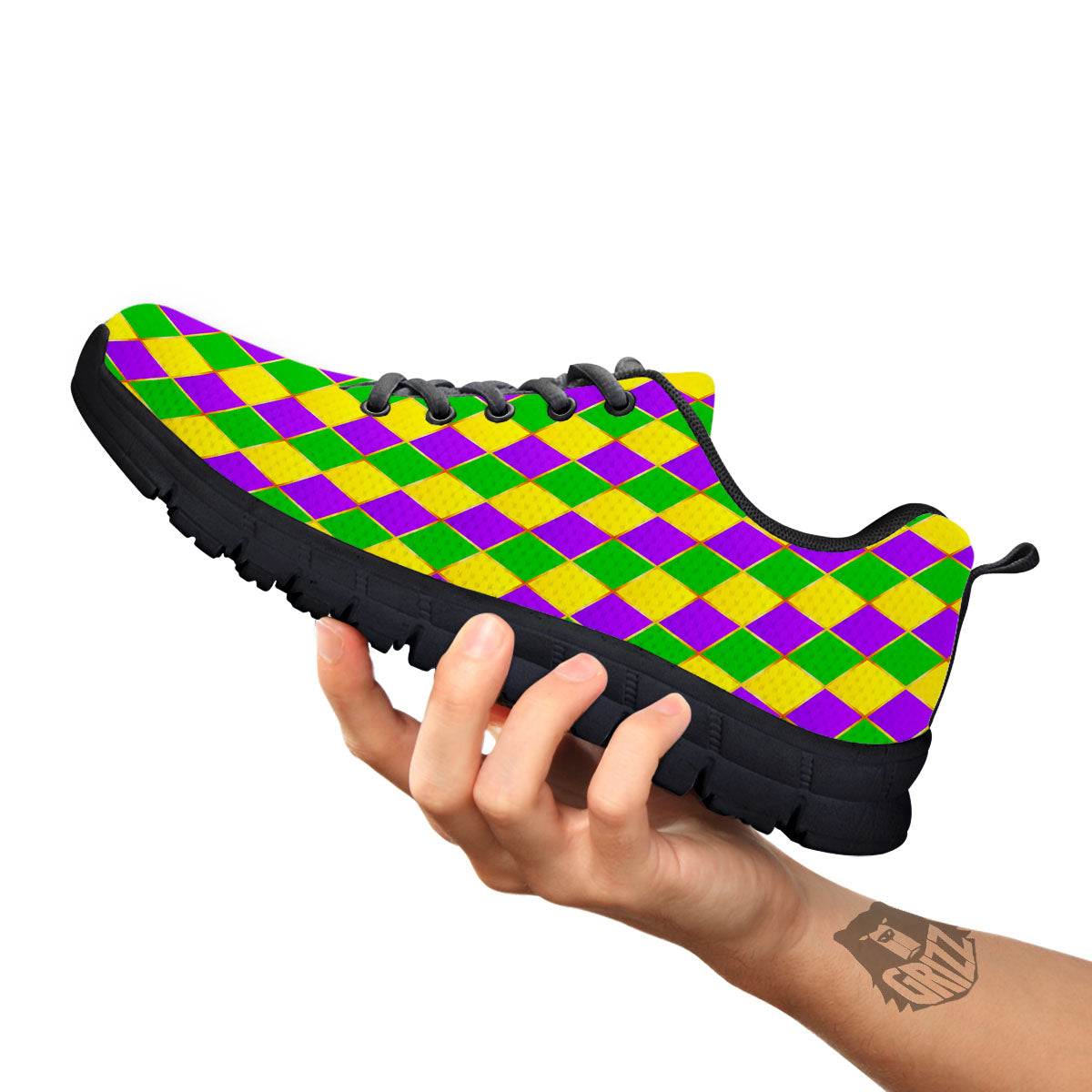 Mardi Gras Purple Green And Yellow Print Pattern Black Sneaker-grizzshop