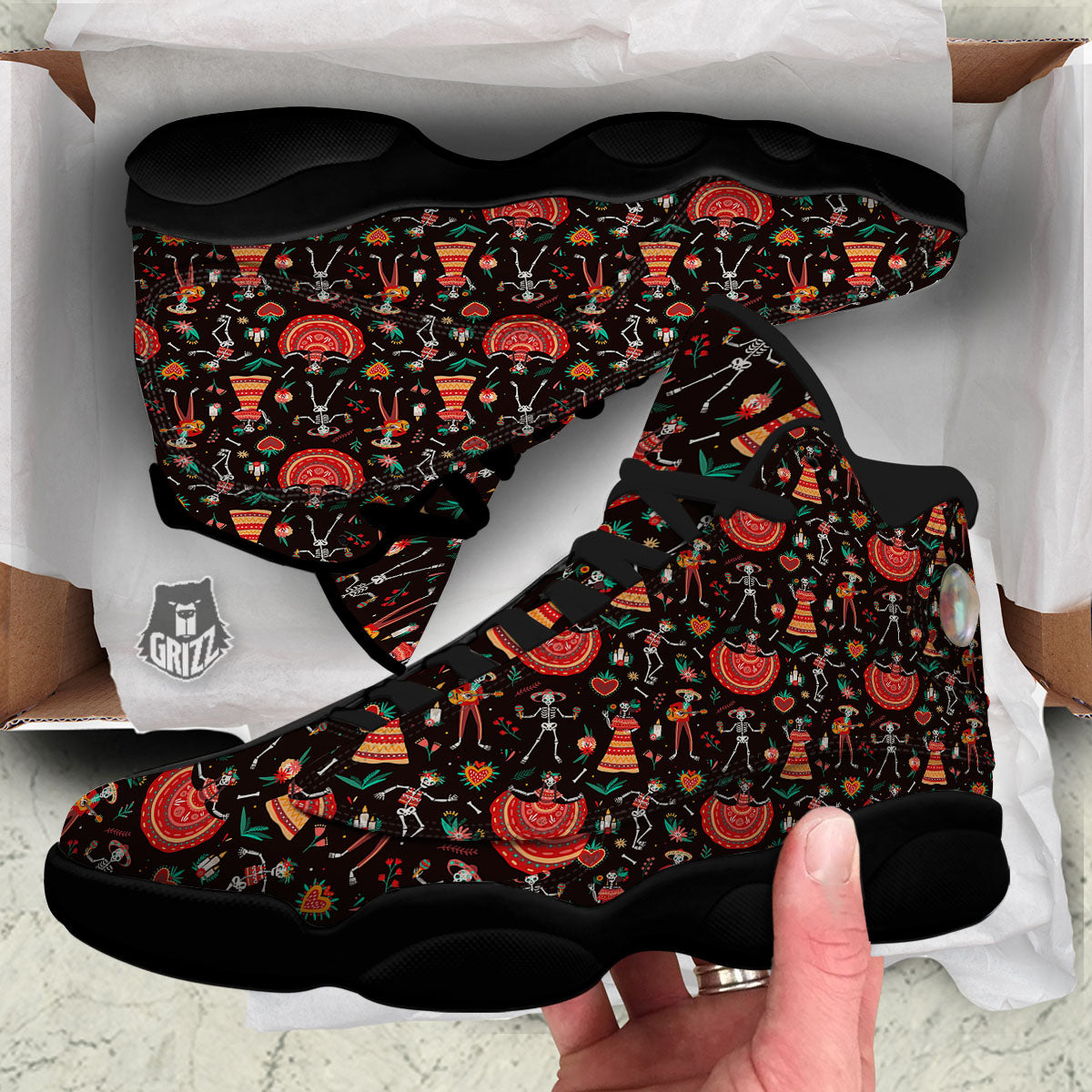 Mariachi Skeletons Day Of The Dead Print Pattern Black Basketball Shoes-grizzshop