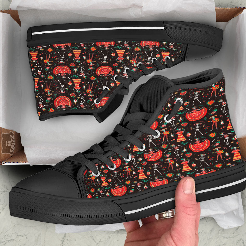 Mariachi Skeletons Day Of The Dead Print Pattern Black High Top Shoes-grizzshop