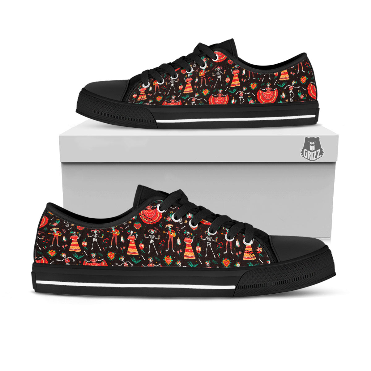 Mariachi Skeletons Day Of The Dead Print Pattern Black Low Top Shoes-grizzshop