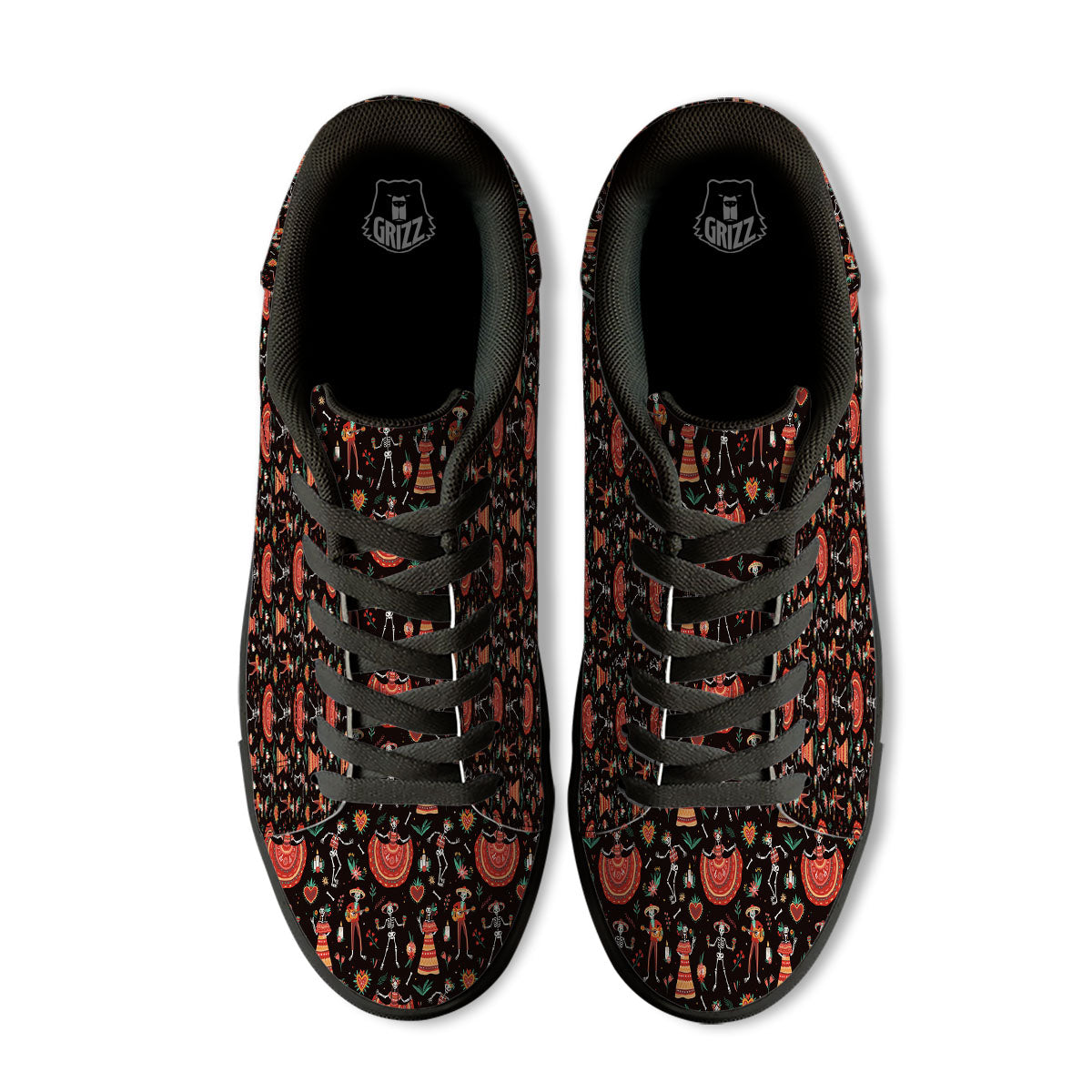Mariachi Skeletons Day Of The Dead Print Pattern Black Low Top Sneakers-grizzshop