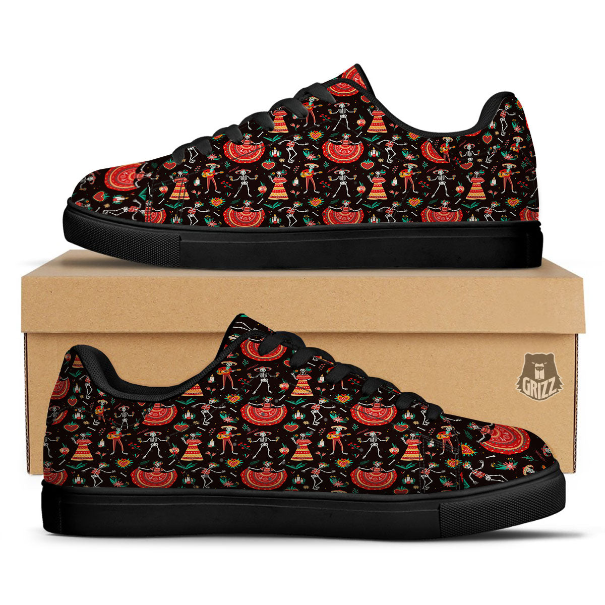 Mariachi Skeletons Day Of The Dead Print Pattern Black Low Top Sneakers-grizzshop